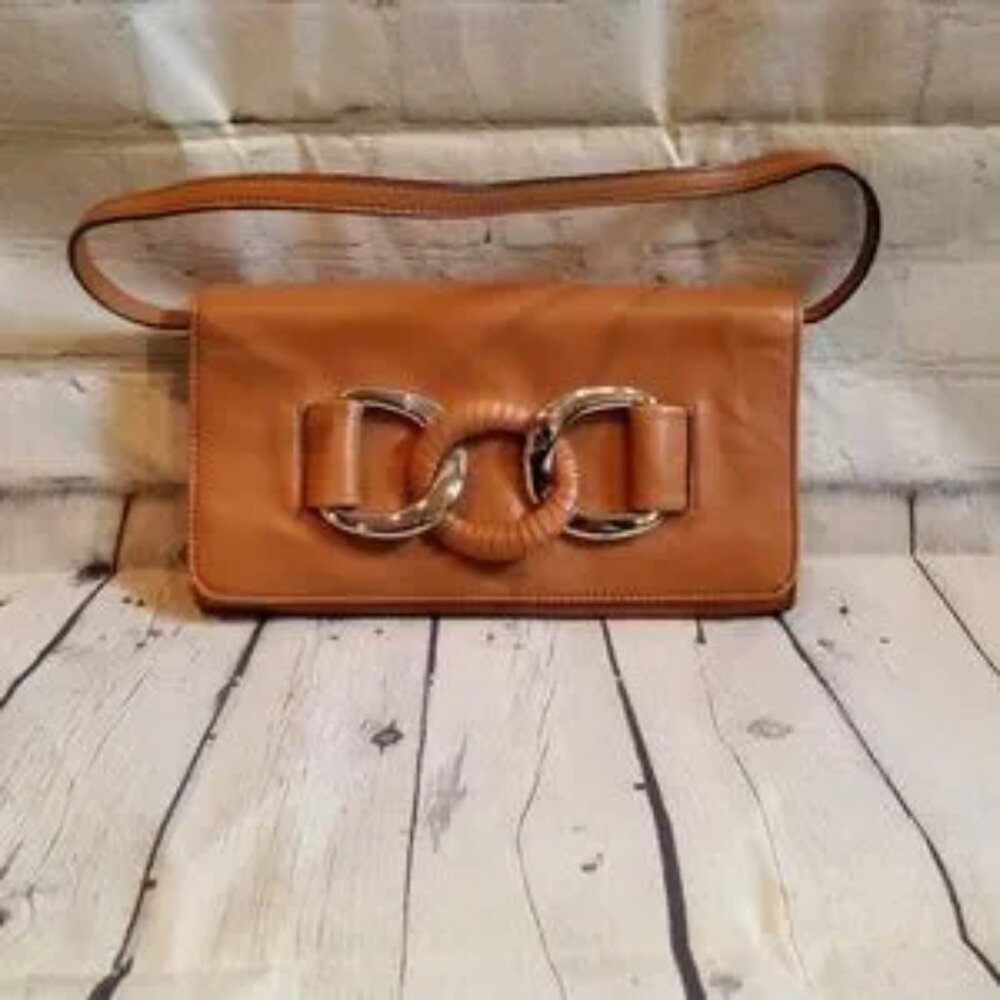 MICHAEL KORS leather baguette shoulder bag in brown with silver tone har…